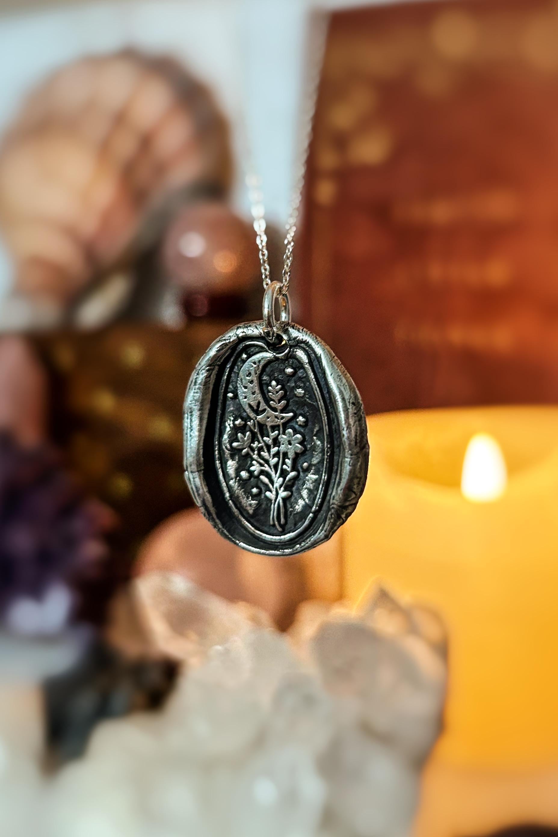 Flower Moon Wax Seal Good Luck Charm Pendant necklace in Fine silver