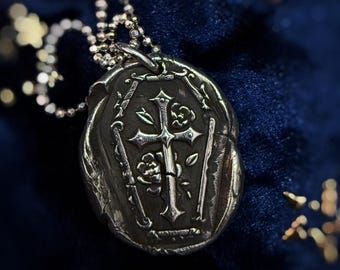 Fine Silver Gothic Cross Pendant Necklace: Handmade Wax Seal Charm