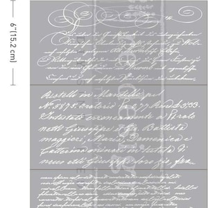 May include: A gray stencil with white script text, measuring 6 inches (15.2 cm) wide and 12 inches (30.4 cm) tall. The text appears to be in multiple languages and includes decorative flourishes.