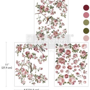 May include: Three sheets of floral decals featuring pink and burgundy roses, birds, and branches. The largest sheet measures 11 inches (27.9 cm) by 8.5 inches (21.5 cm). The decals are designed for home decor projects.