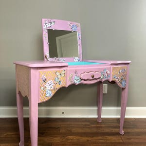 Pretty in Pink Vanity / Make-up Table, Wood Writing Desk (Upcycled Furniture)