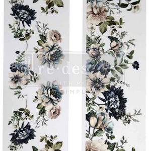 May include: Two vertical floral decals featuring a variety of flowers in shades of blue, cream, and brown, with green leaves. The decals have the text "re-design with prima" in the center.