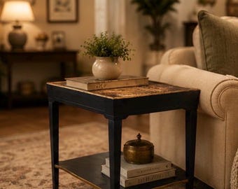 Black Side Table with  Moody Decoupaged Top - Upcycled Furniture