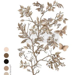 May include: A detailed botanical design featuring a tree branch with leaves and small flowers in shades of gold and brown. Two butterflies are also included in the design. The design is on a white background. The text "Hue Harmony" is on the left side.