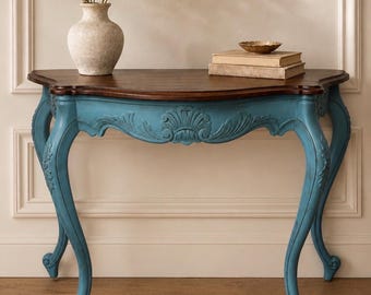 Blue Console Table with Natural Wood Top