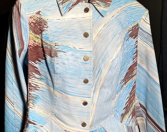 Echtes Roberto Cavalli (Italy) große (L) Denim- & Spandex-Jeansjacke für Frauen, signiert, einzigartiges blaubraunes abstraktes / Tier - NEU ohne Etikett!