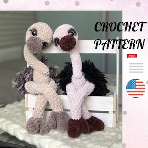 May include: Crochet pattern for two amigurumi ostriches, one with brown and gray feathers and the other with pink and black feathers. The ostriches are sitting on a white wooden crate. The pattern is available as a PDF download. The image also includes the text "CROCHET PATTERN" and a US flag.