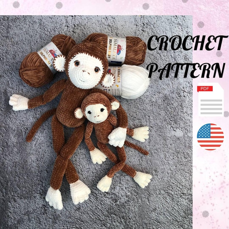 May include: Crochet pattern for two brown plush monkey toys with white accents. The pattern is available as a PDF download. The image also shows two balls of brown yarn and one ball of white yarn.