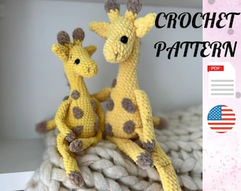 May include: Crochet pattern for two amigurumi giraffes, one large and one small, sitting on a white knitted blanket. The giraffes are yellow with brown spots and have grey faces. The pattern is available as a PDF download. The text "CROCHET PATTERN" is in large letters at the top of the image.