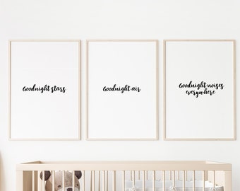 Goodnight Moon Nursery Quote, Set of 3, Digital Print, Printable Wall Art, Nursery Wall Art, Nursery Decor, Digital Download, Nursery Quote