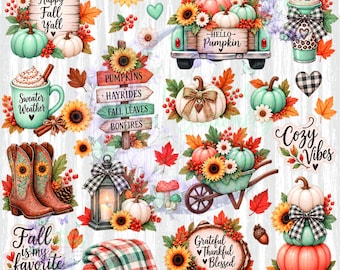 Peut inclure: Une collection d'illustrations numériques sur le thème de l'automne avec des citrouilles, des tournesols, un camion bleu sarcelle, des bottes de cow-boy, une lanterne, une couverture à carreaux et des panneaux avec Happy Fall Yall et Cozy Vibes.