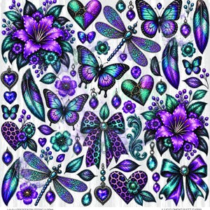 May include: A digital art collection featuring purple and teal floral motifs, butterflies, dragonflies, hearts, bows, and feathers. The elements display intricate patterns, including leopard print and filigree, with vibrant gradients and gemstone accents.