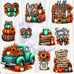 May include: A collection of fall-themed digital illustrations featuring a teal pickup truck filled with sunflowers, pumpkins, lanterns, plaid bows, leopard print hearts, stacked books, and wooden signs with text like Hello Fall and Sweater Weather.
