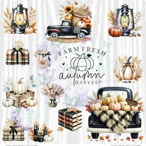 May include: A digital collection of autumn-themed illustrations featuring black pickup trucks, pumpkins, lanterns, plaid blankets, stacked books, and candles. The central text reads FARM FRESH autumn HARVEST, surrounded by wheat, sunflowers, and leaves.