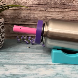 Peut inclure: Une bouteille d'eau en acier inoxydable avec une paille rose et un couvercle violet. La bouteille est pos&eacute;e sur un support turquoise.