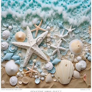 May include: A white starfish with blue and white seashells on a sandy background. The image has the text "ADHESIVE VINYL SHEET" and "SEASHELLS 7 3D" at the bottom.