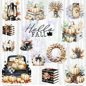 May include: A digital collection of autumn-themed illustrations featuring white pumpkins, a black lantern, a stack of books, a braided wreath, a black truck, and candles. The text Hello FALL is centered among the various seasonal elements.