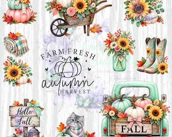 Peut inclure: Une collection numérique d'illustrations sur le thème de l'automne avec des citrouilles, des tournesols, une brouette en bois, une couverture à carreaux, des bottes de cow-boy, un bocal, un chat et un pick-up vert clair avec le texte Farm Fresh Autumn Harvest.