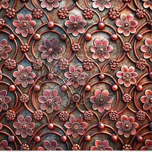May include: Close-up of an antique metal design featuring a repeating pattern of stylized flowers and circular elements. The design is in shades of copper and rust, with a textured, aged appearance. The overall effect is ornate and decorative.