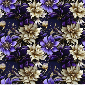 May include: A seamless pattern featuring a repeating design of white and purple flowers with gold accents on a dark blue background.