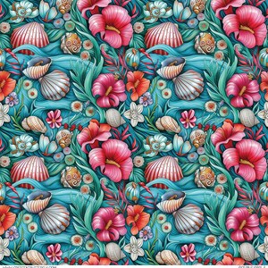 May include: A seamless pattern featuring pink hibiscus flowers, seashells, and swirling blue waves. The design is intricate and detailed, with a whimsical and tropical feel.