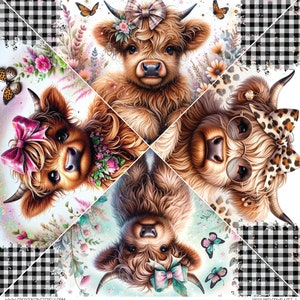 May include: A whimsical collage featuring four Highland cows, each adorned with bows, flowers, and accessories. The cows have fluffy brown fur and are set against a backdrop of floral elements, butterflies, and a black and white checkered pattern. The text "HIGHLAND COWS 4-SET - 1" is visible.