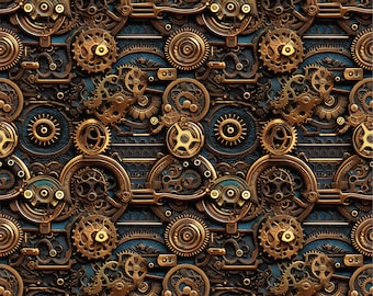 Peut inclure: Un motif sans couture composé d'engrenages et de pignons dorés complexes sur un fond bleu foncé. Le design rappelle le style steampunk.
