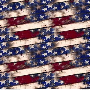 May include: A distressed wood background with a repeating pattern of the American flag. The flag is painted in red, white, and blue with white stars on a blue field. The wood is weathered and has a rustic look.