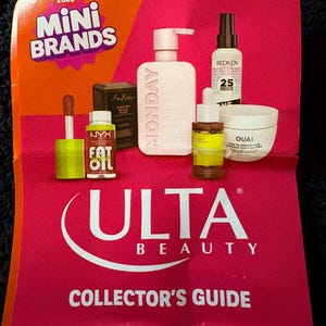 May include: A pink and white collector's guide for a ZURU Mini Brands Ulta Beauty collection. The guide features images of various beauty products, including a bottle of Monday Haircare shampoo, a bottle of Redken hairspray, a bottle of NYX Professional Makeup face oil, a bottle of Ouai hair oil, and a bottle of SheaMoisture African Black Soap.