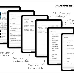 May include: A digital planner with six different pages, each with a different purpose. The pages include a book tracker, a reading wishlist, a library rentals tracker, a quote collection, a reading schedule, and a list of top 10 all-time books. The text "myminimalistmarket" is at the top of the image.