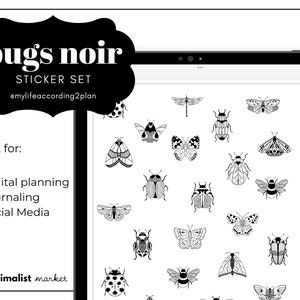 Stickers minimalistes de tous les jours Bug Noir, ensemble d'autocollants Planning et animaux Bujo, Stickers agenda numérique, GoodNotes 5 éléments, prérecadré
