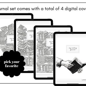 May include: Four digital journal covers with different designs. The covers feature illustrations of books, a hand holding a book, and the text "my reading journal".