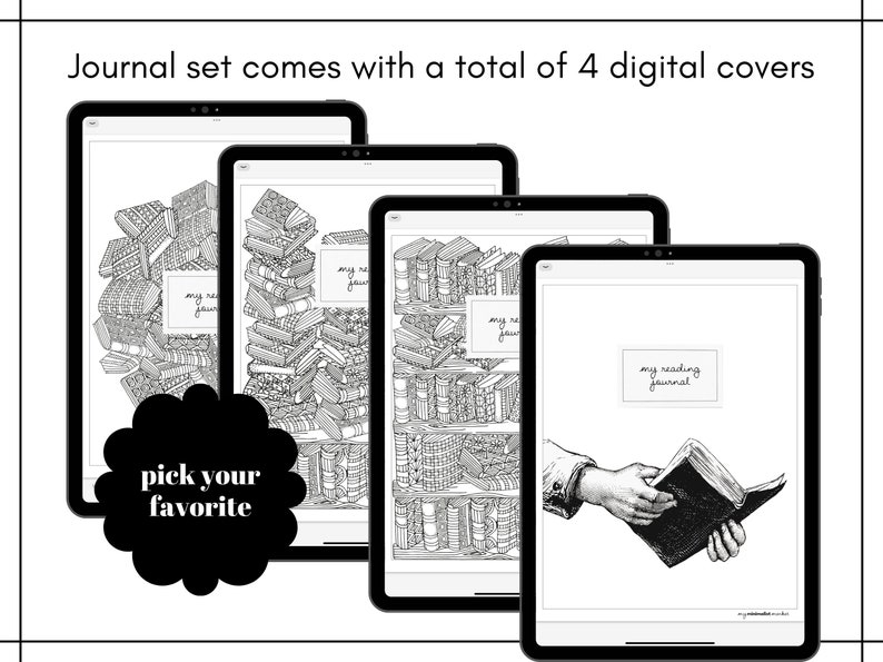 May include: Four digital journal covers with different designs. The covers feature illustrations of books, a hand holding a book, and the text "my reading journal".