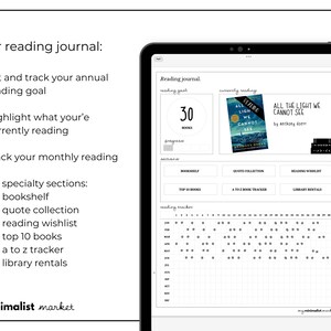 May include: A digital planner template for tracking reading goals. The template includes sections for setting a reading goal, tracking progress, a reading wishlist, and a bookshelf. The template also includes a section for tracking monthly reading and a section for noting currently reading books. The template is designed for use on a tablet or computer.