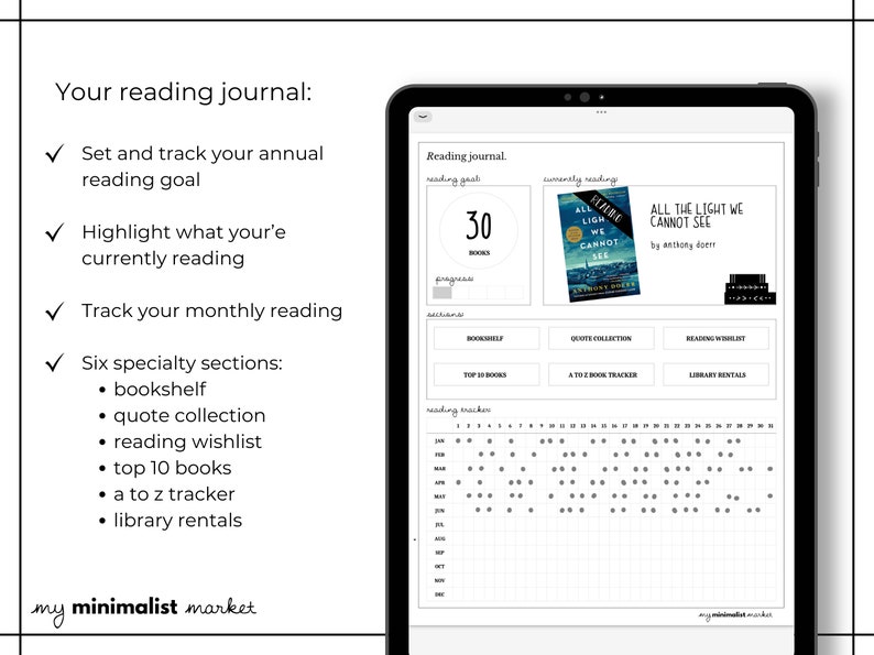 May include: A digital planner template for tracking reading goals. The template includes sections for setting a reading goal, tracking progress, a reading wishlist, and a bookshelf. The template also includes a section for tracking monthly reading and a section for noting currently reading books. The template is designed for use on a tablet or computer.