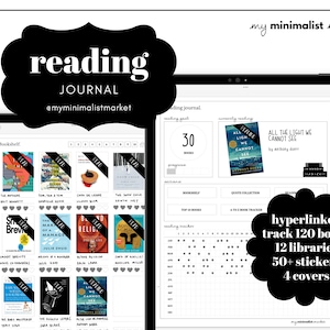 May include: A digital planner for tracking books read, with a bookshelf, reading tracker, and quote collection sections. The planner features a black and white design with a gray grid pattern. The text "reading journal" is visible at the top of the planner. The planner is designed to track 120 books, 12 libraries, and includes 50+ stickers and 4 covers.