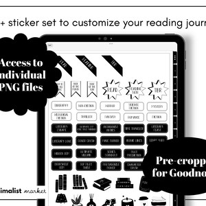 May include: Black and white digital planner stickers for Goodnotes. The stickers include various reading-related labels, such as "Read", "Reading Now", "TBR", "Historical Fiction", "Thriller", "Fantasy", "Romance", "Literary Escape", "Ultimate Cliffhanger", "Paranormal Affairs", "Time Traveler", "Literary Feast", "Hidden Gem", "Ultimate Villain", "Stars Standout", "Plot Perfection", "Bookish Gem", "Top Twist", "Protagonist Power", "Character Crush", and more. The stickers also include images of books, a candle, a plant, and a teacup.