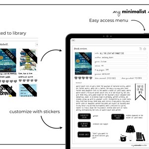 May include: A digital illustration of a minimalist market app interface with a bookshelf and a book review section. The bookshelf shows four book covers with the text "READ" on each. The book review section shows a book cover with the title "All the Light We Cannot See" and a description of the book. The app interface also includes a "Top 10 of All Time" section with a black and white illustration of a lamp and books.