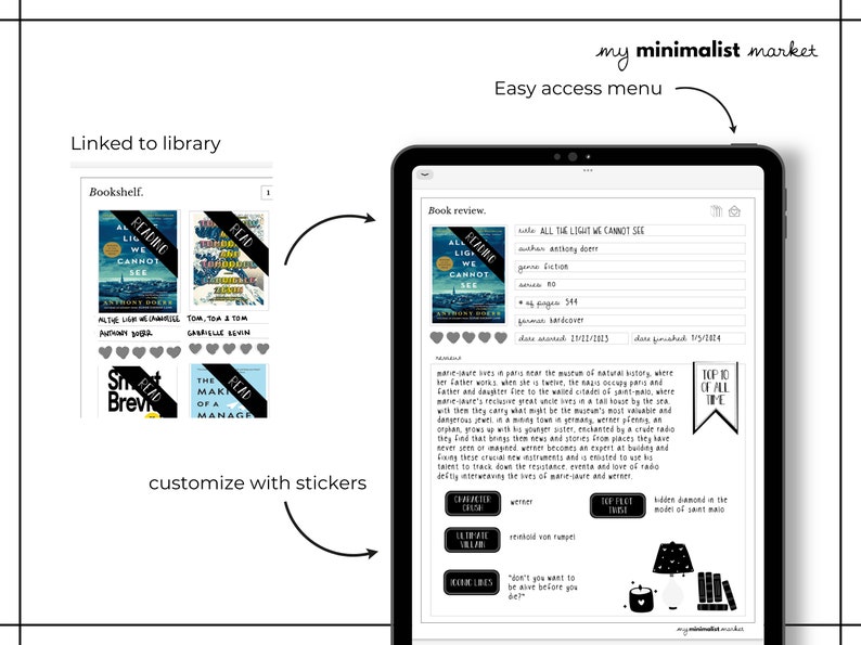May include: A digital illustration of a minimalist market app interface with a bookshelf and a book review section. The bookshelf shows four book covers with the text "READ" on each. The book review section shows a book cover with the title "All the Light We Cannot See" and a description of the book. The app interface also includes a "Top 10 of All Time" section with a black and white illustration of a lamp and books.