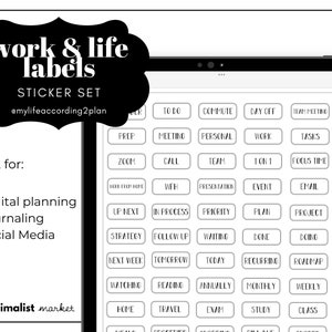 May include: Black and white digital planner sticker set with labels for work and life. The labels include "To Do", "Commute", "Day Off", "Team Meeting", "Prep", "Meeting", "Personal", "Work", "Tasks", "Zoom", "Call", "Team", "1 on 1", "Focus Time", "Work From Home", "With", "Presentation", "Event", "Email", "Up Next", "In Process", "Priority", "Plan", "Project", "Strategy", "Follow Up", "Waiting", "Done", "Doing", "Next Week", "Tomorrow", "Today", "Recurring", "Roadmap", "Watching", "Reading", "Annually", "Monthly", "Weekly", "Home", "Travel", "Exam", "Study", "Class".