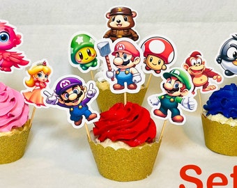 Mario Cupcake Toppers: Handmade Birthday Party Decorations - Set of 12