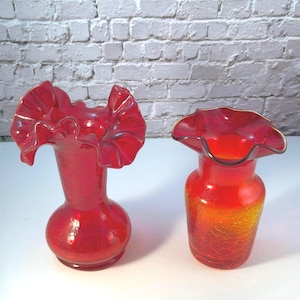 2stk Vintage Mid Century Crackle Glas Rüschenvasen, rote Amberina Kanawha Blenko