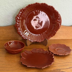 Vintage Steubenville Woodfield Coral Leaf Platter Set, Mid Century Rust Orange Pottery