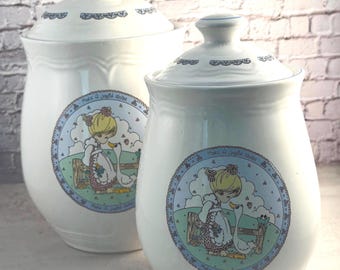 Vintage 1992 Precious Moments Canister Set, Enesco Ceramic Kitchen Crocks