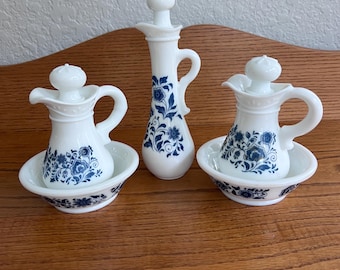 Vintage Avon Delft Blue Milk Glass Collection, 5 Piece Set, Two Pitcher & Basin Sets plus Large Floral Decanter, 1970s Coastal Grandma Decor