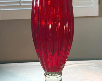 Vintage Pairpoint Red Stretch Glass 14" Ribbed Vase, Controlled Bubble Base