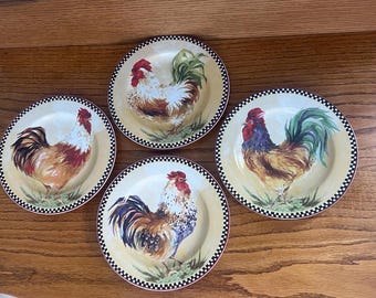 Vintage 1990s Sakura Chanticleer Salad Plates Set of 4 - Sally Eckman Roberts Rooster Stoneware - 8.25" - Checkered Rim - Farmhouse Decor