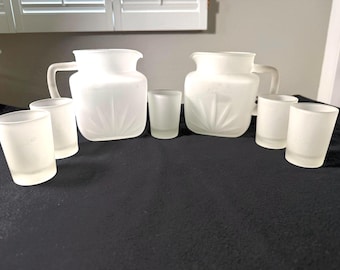 7pc Vintage Federal Glass Frosted Starburst Beverage Set - 2 Pitchers, 5 Glasses