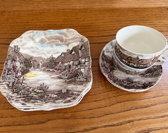 Individual Replacements: Johnson Brothers "Olde English Countryside", 7.5" Salad Plates, Cup and Saucer Sets, Brown Multicolor Ironstone