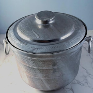 Vintage French Hammered Aluminum Ice Bucket, Mid Century Dimpled Cocktail Caddy